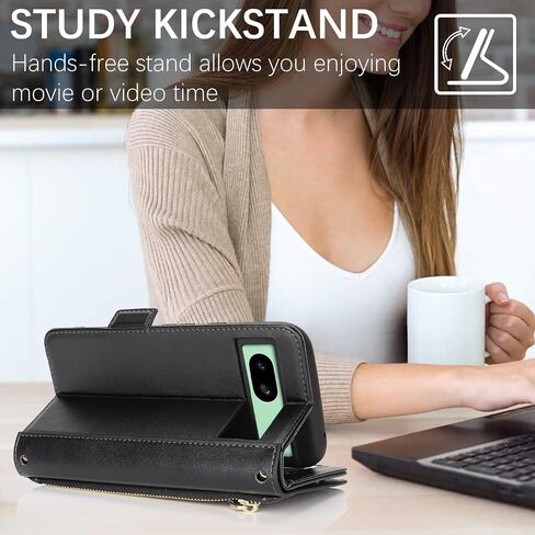 بالنسبة إلى Google Pixel 8A Case Wallet for Women ، Pixel 8A Case with Strap Crossbody Lanyard ، حامل بطاقة صدمية من الجلد Stand Zipper Pocket Flip Phone Accy-Black in Kuwait