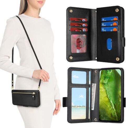 بالنسبة إلى Google Pixel 8A Case Wallet for Women ، Pixel 8A Case with Strap Crossbody Lanyard ، حامل بطاقة صدمية من الجلد Stand Zipper Pocket Flip Phone Accy-Black in Kuwait