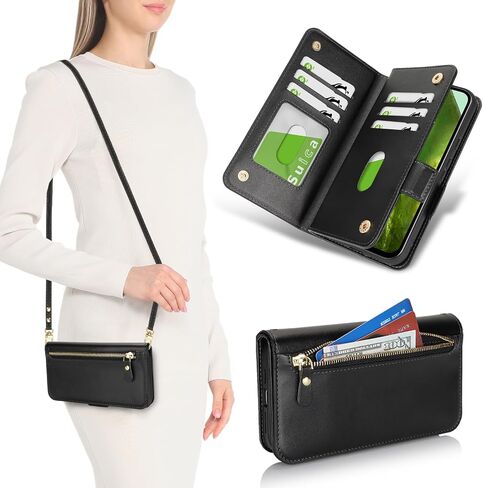 بالنسبة إلى Google Pixel 8A Case Wallet for Women ، Pixel 8A Case with Strap Crossbody Lanyard ، حامل بطاقة صدمية من الجلد Stand Zipper Pocket Flip Phone Accy-Black in Kuwait