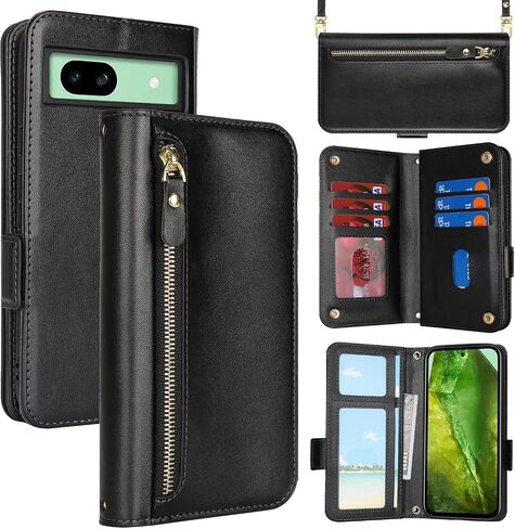 بالنسبة إلى Google Pixel 8A Case Wallet for Women ، Pixel 8A Case with Strap Crossbody Lanyard ، حامل بطاقة صدمية من الجلد Stand Zipper Pocket Flip Phone Accy-Black in Kuwait