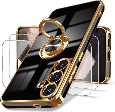 Dretal for Samsung Galaxy S25 5G Case, 2X Screen Protector, 360° Rotatable Ring Holder Magnetic Kickstand,Plated Gold Edge Slim Soft TPU Protective Phone Cover for Galaxy S25 5G (Purple) in Saudi Arabia