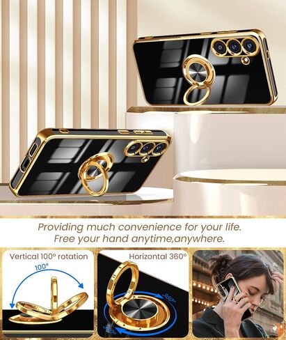 Dretal for Samsung Galaxy S25 5G Case, 2X Screen Protector, 360° Rotatable Ring Holder Magnetic Kickstand,Plated Gold Edge Slim Soft TPU Protective Phone Cover for Galaxy S25 5G (Purple) in Saudi Arabia