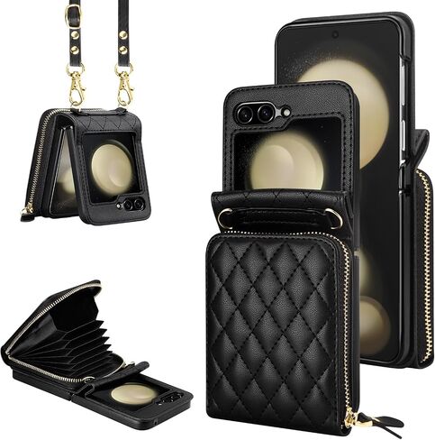 Vofolen Case for Samsung Galaxy Z Flip 5 with Card Holder, Crossbody 8-Card Slots Wallet Case with Adjustable Strap Soft PU Leather Protective Zipper for Women Girls, Black in Saudi Arabia