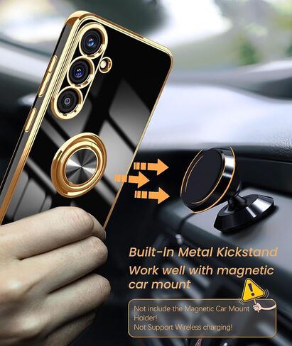 Dretal for Samsung Galaxy S25 5G Case, 2X Screen Protector, 360° Rotatable Ring Holder Magnetic Kickstand,Plated Gold Edge Slim Soft TPU Protective Phone Cover for Galaxy S25 5G (Purple) in Saudi Arabia