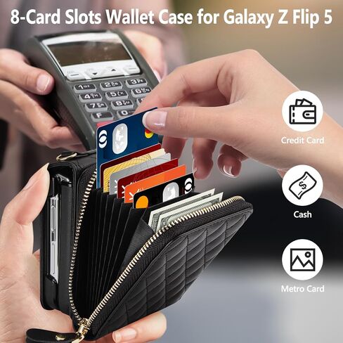 Vofolen Case for Samsung Galaxy Z Flip 5 with Card Holder, Crossbody 8-Card Slots Wallet Case with Adjustable Strap Soft PU Leather Protective Zipper for Women Girls, Black in Saudi Arabia