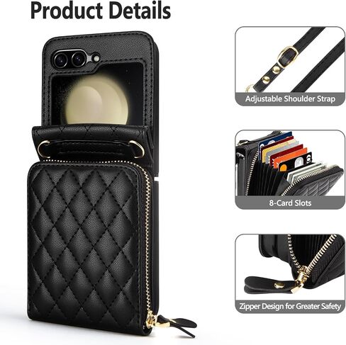 Vofolen Case for Samsung Galaxy Z Flip 5 with Card Holder, Crossbody 8-Card Slots Wallet Case with Adjustable Strap Soft PU Leather Protective Zipper for Women Girls, Black in Saudi Arabia