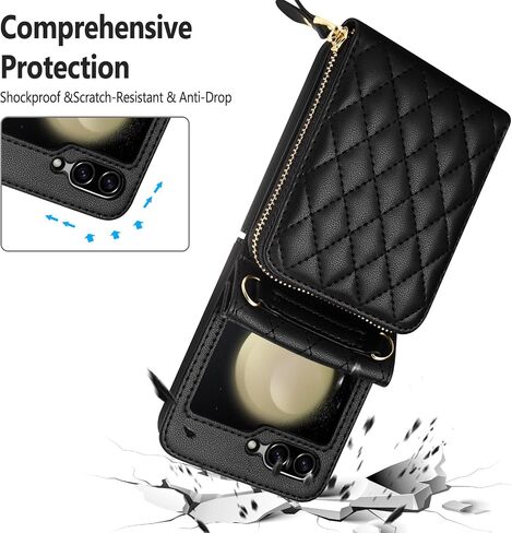Vofolen Case for Samsung Galaxy Z Flip 5 with Card Holder, Crossbody 8-Card Slots Wallet Case with Adjustable Strap Soft PU Leather Protective Zipper for Women Girls, Black in Saudi Arabia