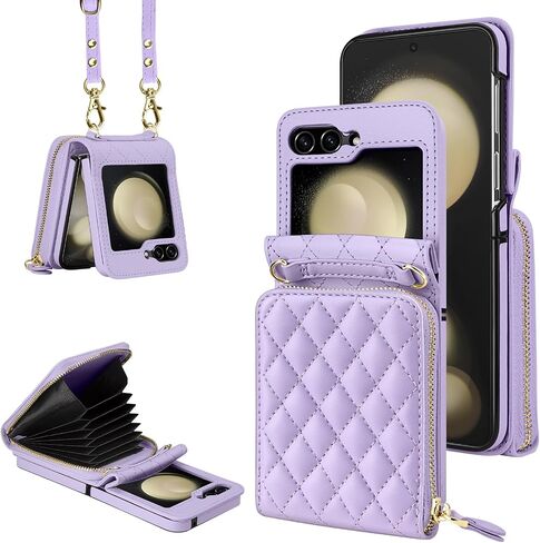 Vofolen Case for Samsung Galaxy Z Flip 5 with Card Holder, Crossbody 8-Card Slots Wallet Case with Adjustable Strap Soft PU Leather Protective Zipper for Women Girls, Black in Saudi Arabia