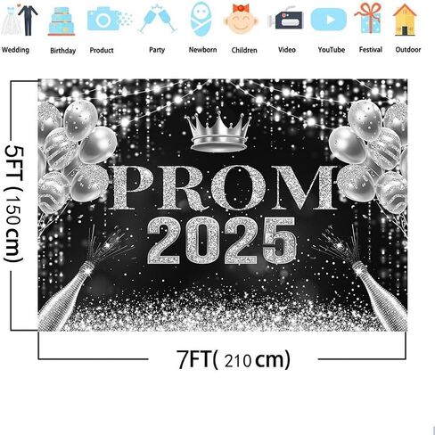 MEHOFOND 7x5ft Prom Decorations Backdrop Black Silver Prom 2025 Congrats Grad Photography Background Prom Graduation Party Decor Celebration Background Indoor Outdoor Banner Photo Booth Props Supplies in Saudi Arabia
