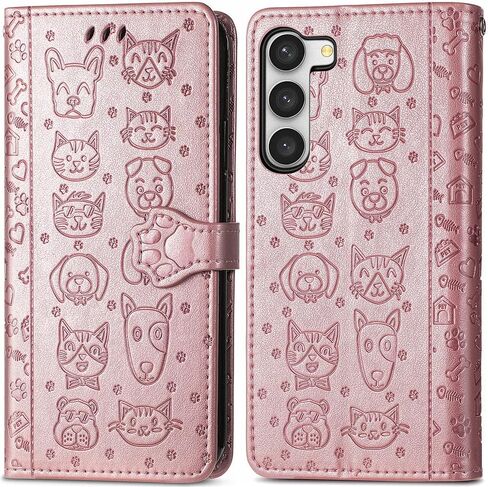 Meupzzk Samsung Galaxy S23 Plus Case ، Samsung S23+ Plus 5G Wallet Case ، Cat Cat Cat and Dog Premium Pu Leather [Kickstand] [Card Slots] [حزام معصم] [6.6 بوصة] غطاء الهاتف لـ Samsung S23 Plus (C-Rose) in Kuwait