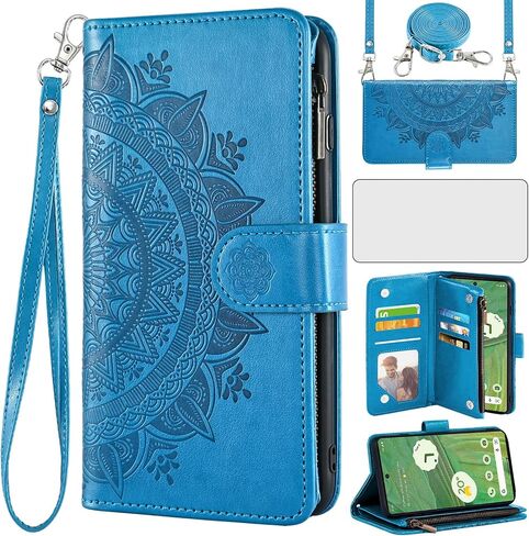 Asuwish Phone Case for Google Pixel 7 5G Wallet Cell Cover with Screen Protector Lanyard Wrist Strap Mandala Flower Flip Zipper Card Holder Slot Stand Pixel7 Pixle Seven 6.3 Women Girls Green in Saudi Arabia
