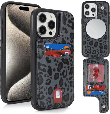 for iPhone 15 Pro Max Phone Case with Card Holder,for iPhone 15 Pro Max Wallet Case for Women Men with MagSafe Leather Protective for iPhone15promax case -Black Leopard in Saudi Arabia