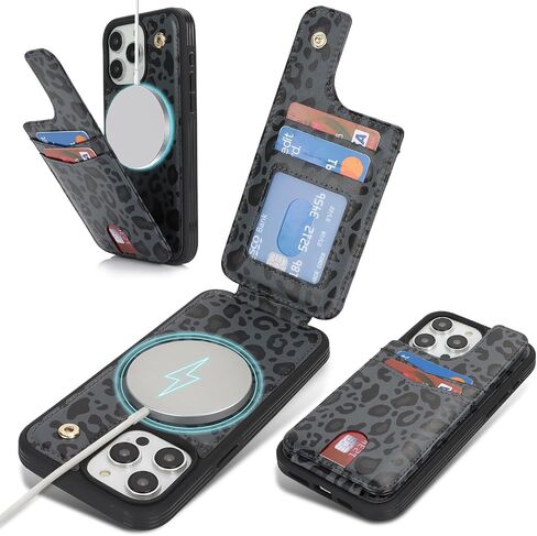 for iPhone 15 Pro Max Phone Case with Card Holder,for iPhone 15 Pro Max Wallet Case for Women Men with MagSafe Leather Protective for iPhone15promax case -Black Leopard in Saudi Arabia