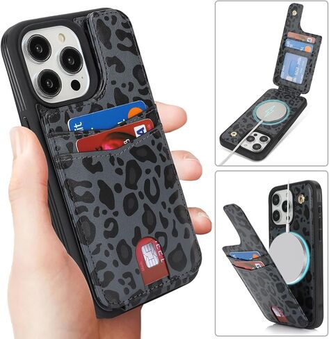 for iPhone 15 Pro Max Phone Case with Card Holder,for iPhone 15 Pro Max Wallet Case for Women Men with MagSafe Leather Protective for iPhone15promax case -Black Leopard in Saudi Arabia