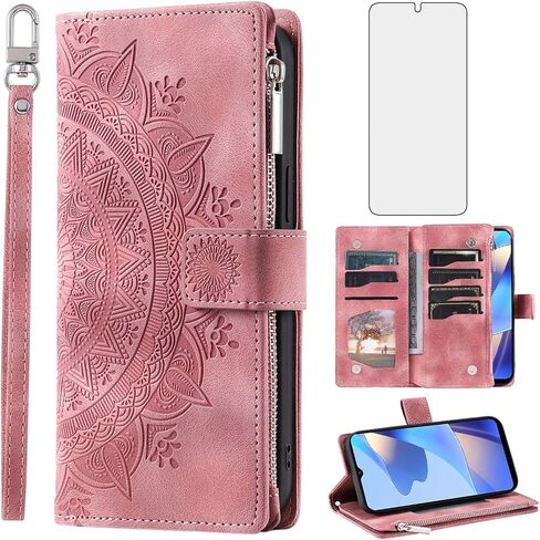 Phone Case for Samsung Galaxy A16 5G Wallet Cover with Tempered Glass Screen Protector Wrist Strap Credit Card Holder Slot Mandala Flower Leather Flip Zipper Cell A 16 A16case Women Men Rose Gold in Saudi Arabia