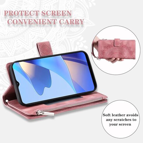 Phone Case for Samsung Galaxy A16 5G Wallet Cover with Tempered Glass Screen Protector Wrist Strap Credit Card Holder Slot Mandala Flower Leather Flip Zipper Cell A 16 A16case Women Men Rose Gold in Saudi Arabia