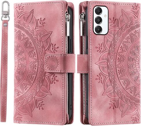 Phone Case for Samsung Galaxy A16 5G Wallet Cover with Tempered Glass Screen Protector Wrist Strap Credit Card Holder Slot Mandala Flower Leather Flip Zipper Cell A 16 A16case Women Men Rose Gold in Saudi Arabia