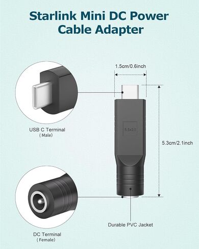 2PCS Starlink Mini Cable Adapter USB C إلى محول كابل الطاقة DC لإكسسوارات Mini Starlink إدخال 20 فولت من النوع C إلى DC 5.5 × 2.1 مم starlink mini usb cadapter work with 100w pd source gray in Kuwait