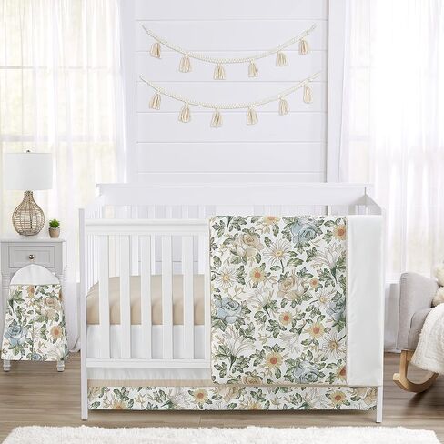 Sweet Jojo Designs Floral Leaf Baby Girl Nursery Crib Bedding Set - 4 Pieces - Green and White Boho Watercolor Botanical Woodland Tropical Garden in Saudi Arabia