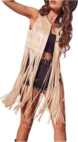 Women's Fringe Vest Sleeveless 70s Hippie Faux Suede Vest Jacket Boho Trim Western Tassel Cardigan Vest Coat in Saudi Arabia