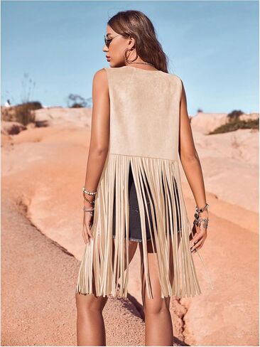 Women's Fringe Vest Sleeveless 70s Hippie Faux Suede Vest Jacket Boho Trim Western Tassel Cardigan Vest Coat in Saudi Arabia