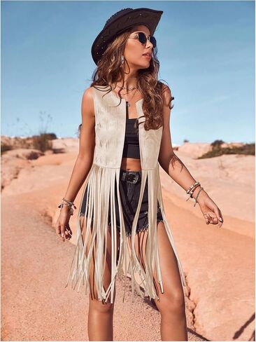 Women's Fringe Vest Sleeveless 70s Hippie Faux Suede Vest Jacket Boho Trim Western Tassel Cardigan Vest Coat in Saudi Arabia