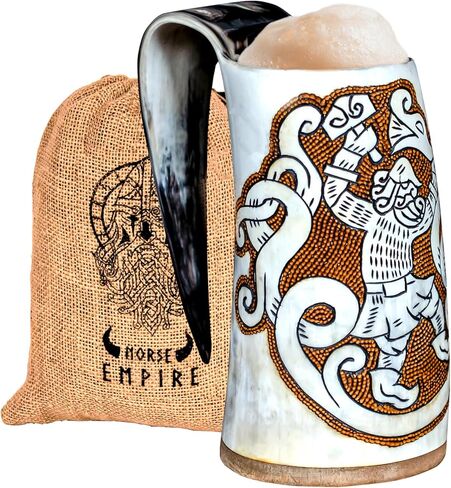 Viking Ox Horn-16oz ، 100 ٪ أصيلة ، تنين رونك محفور يدويًا مع قرن على الطراز البارد على طراز القرون الوسطى للمشروبات الباردة ، وهدية من الدرجة الغذائية للرجال والنساء ، مثالية لكأس Mead & Beer ... in Kuwait