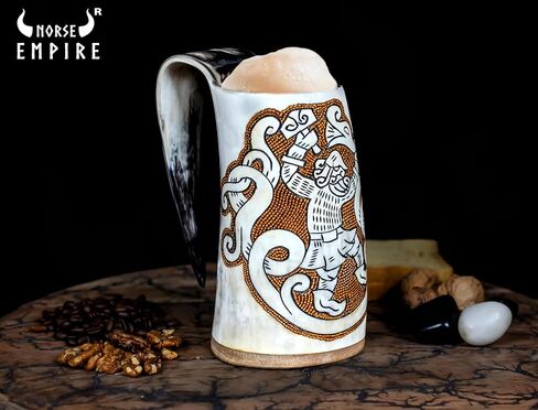 Viking Ox Horn-16oz ، 100 ٪ أصيلة ، تنين رونك محفور يدويًا مع قرن على الطراز البارد على طراز القرون الوسطى للمشروبات الباردة ، وهدية من الدرجة الغذائية للرجال والنساء ، مثالية لكأس Mead & Beer ... in Kuwait