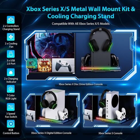 حامل شاحن لجهاز Xbox Series X/S مع مروحة تبريد، قاعدة شحن سريع لكيت مع بطاريتين قابلتين لاعادة الشحن بسعة 1100 مللي امبير في الساعة، قاعدة شحن مزدوجة مع 3 منافذ USB in Kuwait