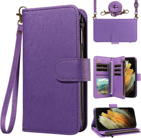 ل Samsung Galaxy S21 Ultra 5g Wallet Phone Case with Crossbody Lanyard Strap Faux Leather Card Slot Slot Stand Kickstand Men Women Flip Cell Cover for S21ultra 21S S 21 21Ultra G5 Brown in Saudi Arabia