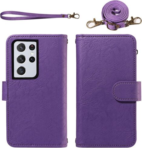 ل Samsung Galaxy S21 Ultra 5g Wallet Phone Case with Crossbody Lanyard Strap Faux Leather Card Slot Slot Stand Kickstand Men Women Flip Cell Cover for S21ultra 21S S 21 21Ultra G5 Brown in Saudi Arabia