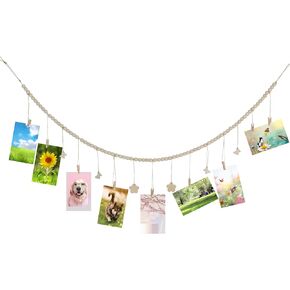 Wall Hanging Photo Display - Wooden Bead Garland with 9 Clips, Butterfly & Flower Accents for Bohemian, Rustic & Minimalist Decor, Display Photos, Art & Keepsakes