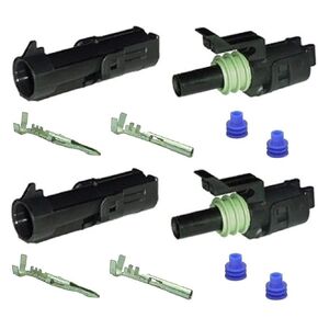 (Set of Two) 12-14-16-18 AWG Gauge 1 Pin Position Terminal Weather Pack WeatherPack Connector Male Female Set Weather Proof Guage Gage Wire Quick Disconnect QD Splice Kit