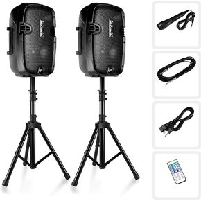 Pyle Powered PA Speaker System Active & Passive Bluetooth Loudspeakers Kit with 8 Inch Speakers, Wired Microphone, MP3/USB/SD/AUX Readers, Speaker Stands- PYLE PPHP849KT.5,Black