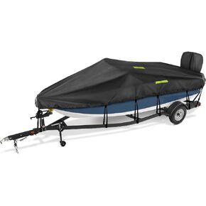 11-13 ft Boat Cover with Reflective Strips Heavy Duty 600D Waterproof Winter Trailerable Hull Covers Fits Bass Boats, V-Hull Runabouts Marine Grade Canvas Black