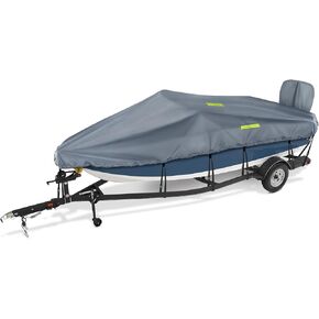 غطاء قارب بطول 11-13 قدم مزود بشرائط عاكسة للخدمة الشاقة 600D مقاوم للماء للشتاء وأغطية بدن قابلة للقطر تناسب قوارب الباس، ومركبات على شكل حرف V من القماش البحري باللون الرمادي in Kuwait