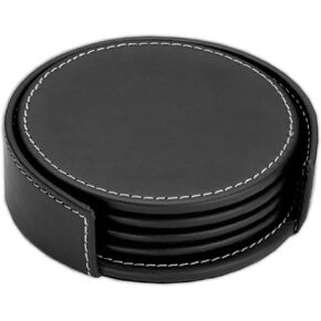 Dacasso Rustic Black Leather 4-Round Coaster Set