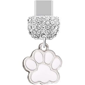 ELISE & FONDA TP236 Type-C USB Charging Port Crystal Anti Dust Plug Little Cat Paw Pendant Cell Phone Charm for Samsung Galaxy/Huawei/OnePlus/Xiaomi/oppo Android Phones (White)