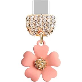 ELISE & FONDA TP88 Type-C USB Charging Port Crystal Anti Dust Plug Little Flower Cell Phone Charm for Samsung Galaxy/Huawei/OnePlus/Xiaomi/oppo New Android Phones(Pink)