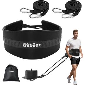 Bilbear Sled Pulling Belt,Adjustable Sled Training Waist Belt, Belt for Pulling with 2 Pulling Straps & 4 Hooks,Weight Sled Pull Belt for Tire Pulling, Squat,Leg Muscles Strength Training,Resistance Training,Core Power Workout