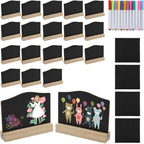 20 PCS Wooden Mini Chalkboard Signs, Double Sided Chalkboard Labels with Base, Tabletop Chalkboard Signs with Water Color Pens and Wipe Cloths for Wedding Buffet