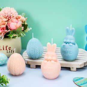 Whaline 4Pcs Easter Candles Eggs Bunny Shaped Scented Candles Blue Pink Wax Candles Happy Easter Rabbit Candles for Spring Holiday Home Party Table Decor Gifts Supplies