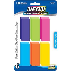 BAZIC Erasers, Neon Bevel Eraser, Latex Free, Large Size Block Erasers for Art Drawing School Office Teachers (6/Pack), 1-Pack