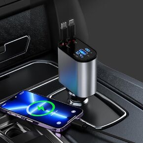 Retractable Car Charger, 4 in 1 Retractable Car Charger, 66W Dual Ports Fast Charger, Cigarette Lighter Car Charger for iPhone 15/14/13/12/11, iPad, Galaxy