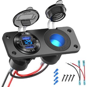 12V USB Outlet Marine Switch Panel Plug, PD3.0 and Dual QC3.0 USB Ports Aluminum Car Charger with LED Voltmeter Power Switch, Lighted 150W Cigarette Lighter Socket 2 in 1 DIY Kit for Boat RV ATV, etc.