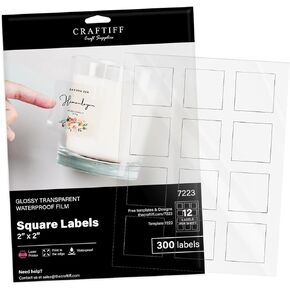 2x2 Clear Square Labels Stickers Glossy for Laser Printer, Pack of 300, Transparent self Adhesive Vinyl Paper Craftiff