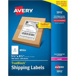 Avery Half-Sheet Printable Shipping Labels, 5.5" x 8.5" Customizable Stickers, White, 500 Blank Mailing Labels, Great for Mailing, Shipping, Organizing, and More (5912)