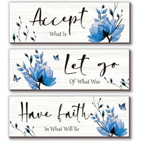 3 Pcs Black And White Bathroom Decor Rustic Flower Black Wall Art Accept Let Go Have Faith Farmhouse Bedroom Wall Decor Wooden Inspirational Quotes Grey Decoration for Living Room(Black,16 x 5 Inches)