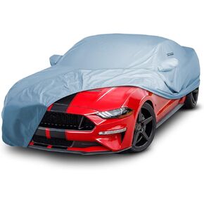 غطاء سيارة مخصص iCarCover لـ 1979-2004 Ford Mustang LX، GT مقاوم للماء في جميع الأحوال الجوية والمطر والثلج والأشعة فوق البنفسجية واقي من الشمس غطاء خارجي كامل للسيارة داخلي وخارجي (شريط - أسود/رمادي)