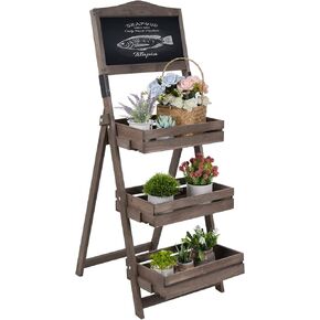 عرض السبورة الخشبية المزخرفة: حامل سبورة مع 3 أرفف عرض، قائم بذاته، حامل سبورة خشبي للنباتات والفواكه، بني 14.9 × 19.7 × 41.7 بوصة in Kuwait